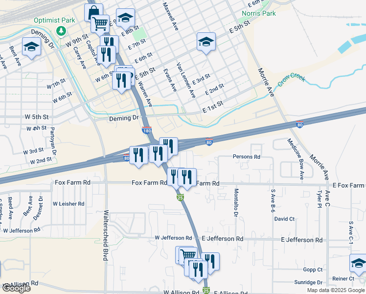 map of restaurants, bars, coffee shops, grocery stores, and more near Interstate 80 in Cheyenne