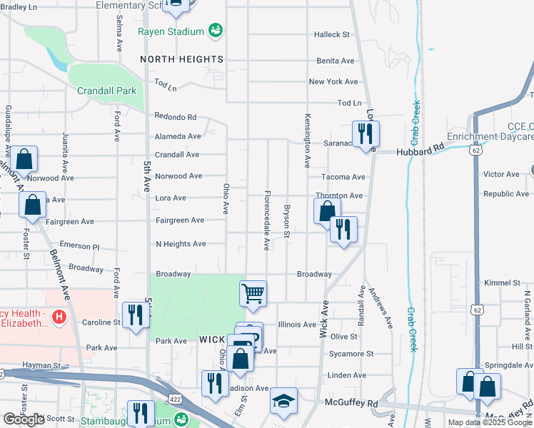 map of restaurants, bars, coffee shops, grocery stores, and more near 1432 Florencedale Avenue in Youngstown