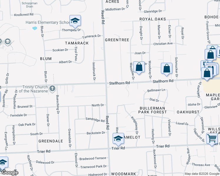 map of restaurants, bars, coffee shops, grocery stores, and more near 4850 Stellhorn Road in Fort Wayne