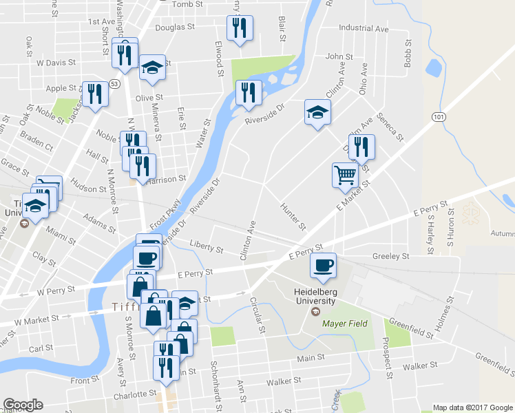 map of restaurants, bars, coffee shops, grocery stores, and more near 98 Clinton Avenue in Tiffin