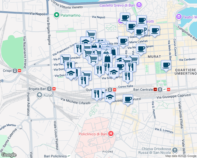 map of restaurants, bars, coffee shops, grocery stores, and more near 305 Via Trevisani in Bari