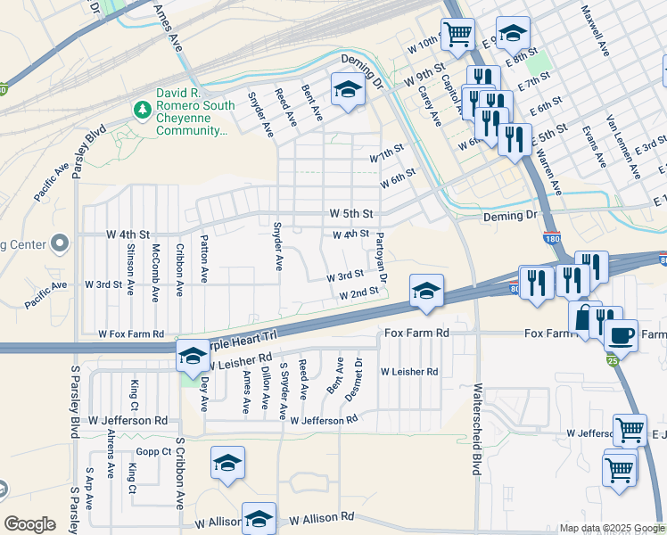 map of restaurants, bars, coffee shops, grocery stores, and more near 315 Arkel Way in Cheyenne