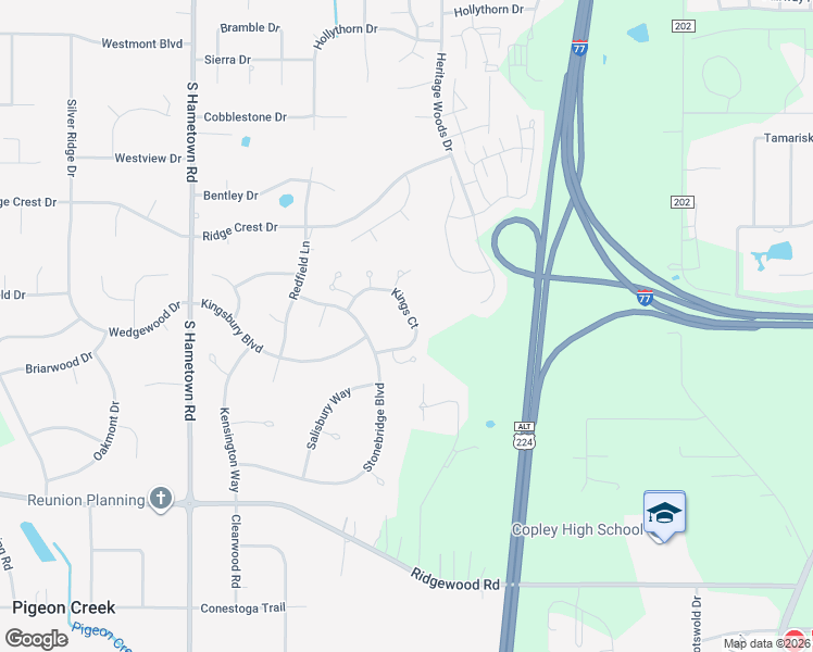map of restaurants, bars, coffee shops, grocery stores, and more near 472 Kings Court in Akron