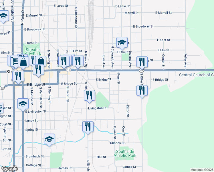 map of restaurants, bars, coffee shops, grocery stores, and more near 207 South Colorado Avenue in Streator