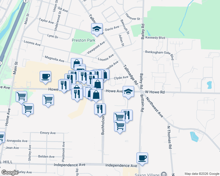map of restaurants, bars, coffee shops, grocery stores, and more near 1220 Buchholzer Boulevard in Cuyahoga Falls