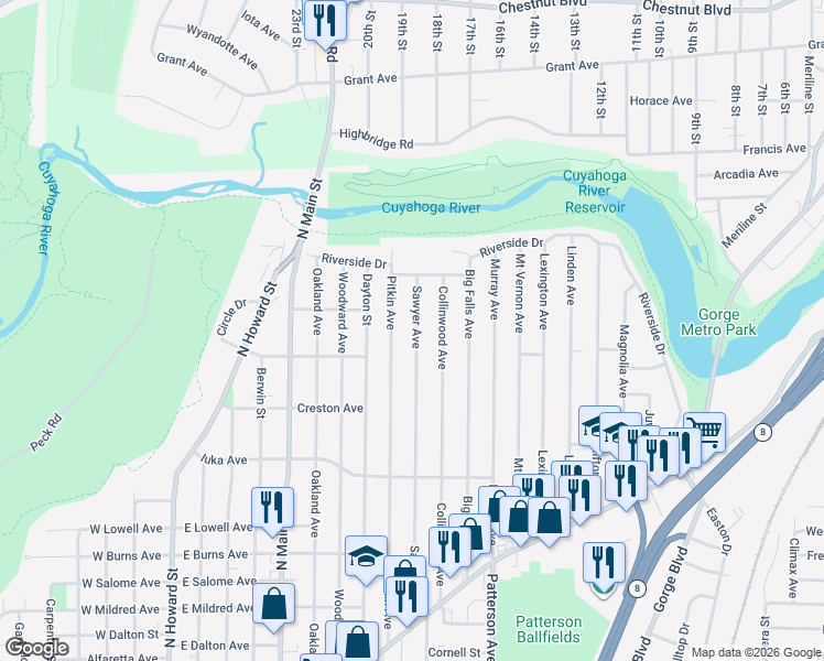 map of restaurants, bars, coffee shops, grocery stores, and more near 1246 Sawyer Avenue in Akron