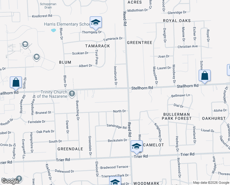 map of restaurants, bars, coffee shops, grocery stores, and more near 4614 Stellhorn Road in Fort Wayne