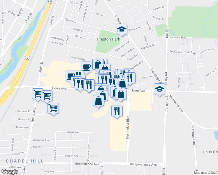 map of restaurants, bars, coffee shops, grocery stores, and more near 699 Howe Ave in Cuyahoga Falls