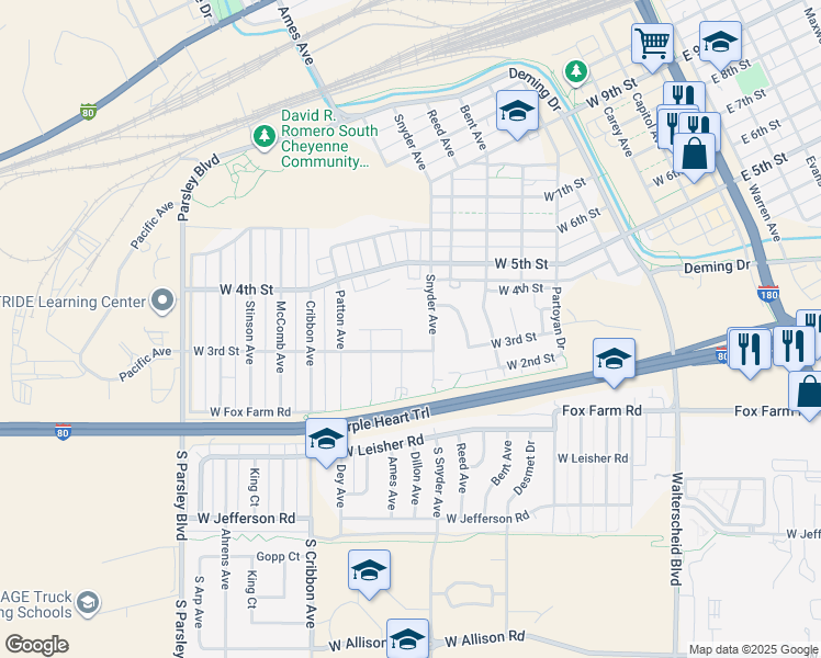 map of restaurants, bars, coffee shops, grocery stores, and more near 331 Abby Road in Cheyenne