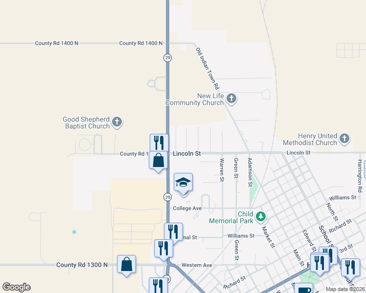 map of restaurants, bars, coffee shops, grocery stores, and more near 1104 Caprice Drive in Henry