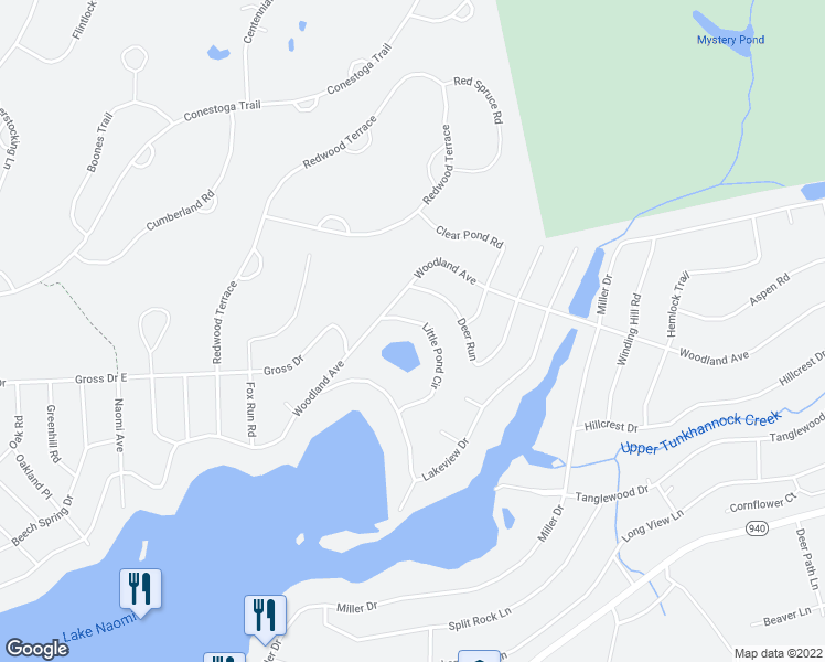 map of restaurants, bars, coffee shops, grocery stores, and more near 214 Little Pond Circle in Pocono Pines
