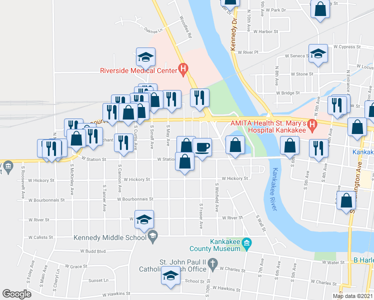 map of restaurants, bars, coffee shops, grocery stores, and more near 244 South Alma Avenue in Kankakee