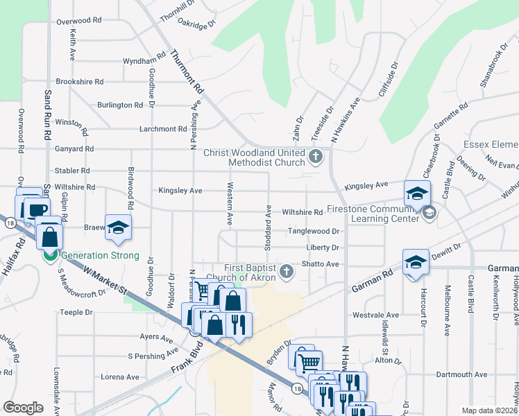 map of restaurants, bars, coffee shops, grocery stores, and more near 1699 Wiltshire Road in Akron