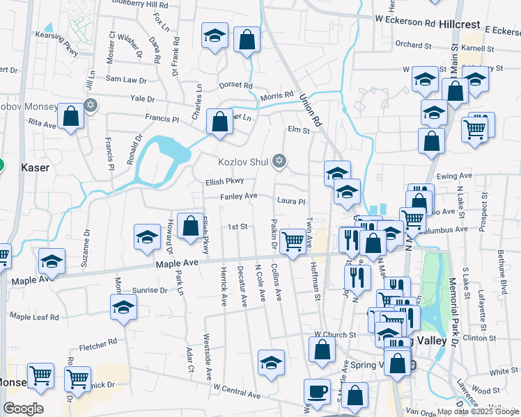 map of restaurants, bars, coffee shops, grocery stores, and more near 114 North Cole Avenue in Spring Valley