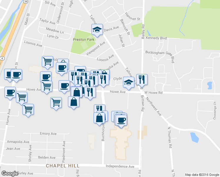 map of restaurants, bars, coffee shops, grocery stores, and more near 1220 Buchholzer Boulevard in Cuyahoga Falls