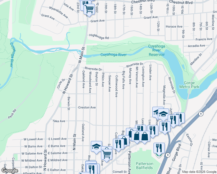 map of restaurants, bars, coffee shops, grocery stores, and more near 1246 Sawyer Avenue in Akron