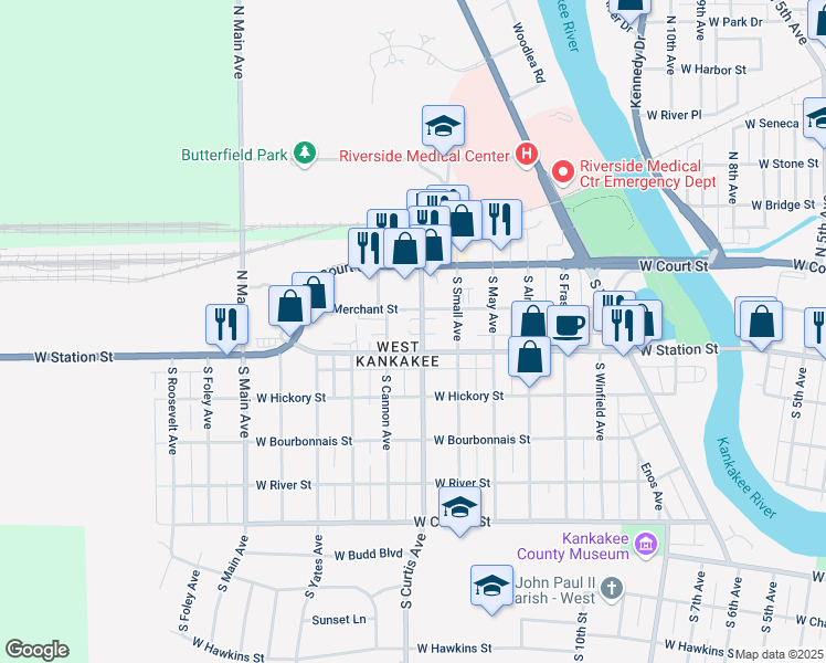 map of restaurants, bars, coffee shops, grocery stores, and more near 220 South Cannon Avenue in Kankakee