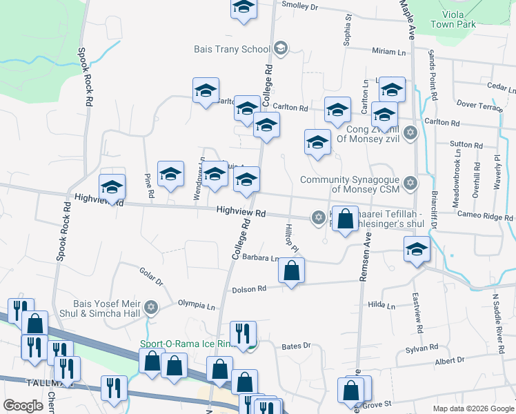 map of restaurants, bars, coffee shops, grocery stores, and more near 49 Mountain Avenue in Monsey