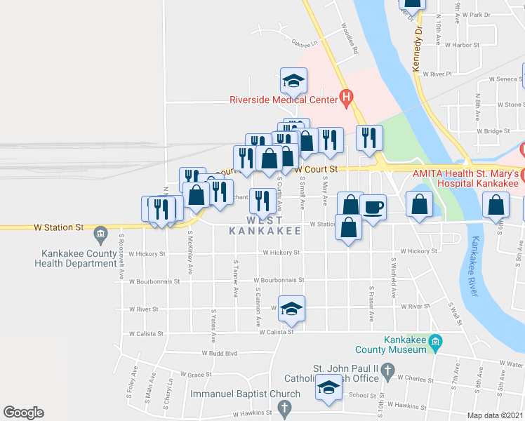 map of restaurants, bars, coffee shops, grocery stores, and more near 220 South Cannon Avenue in Kankakee