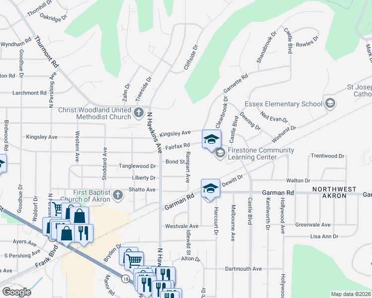 map of restaurants, bars, coffee shops, grocery stores, and more near 1592 Fairfax Rd in Akron