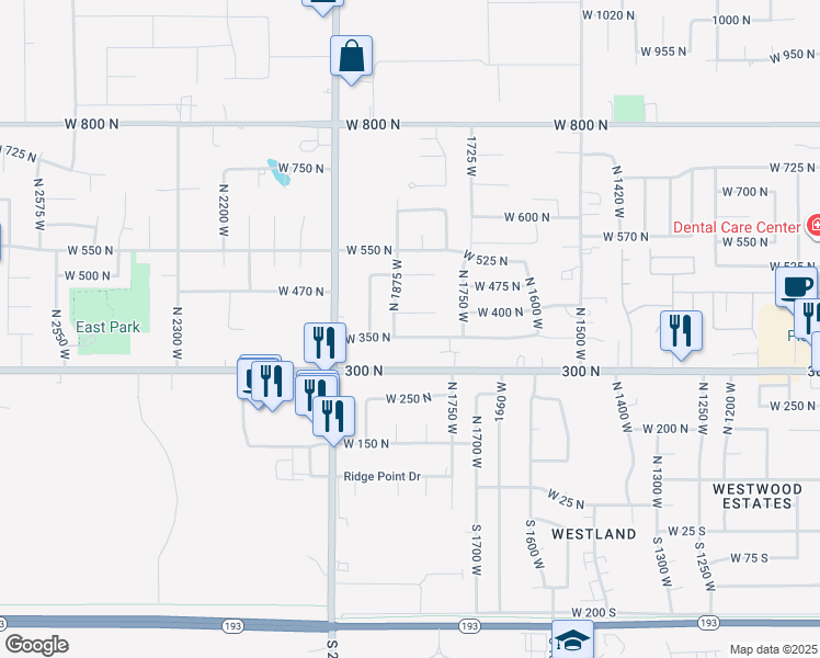 map of restaurants, bars, coffee shops, grocery stores, and more near 1844 West 350 North in West Point