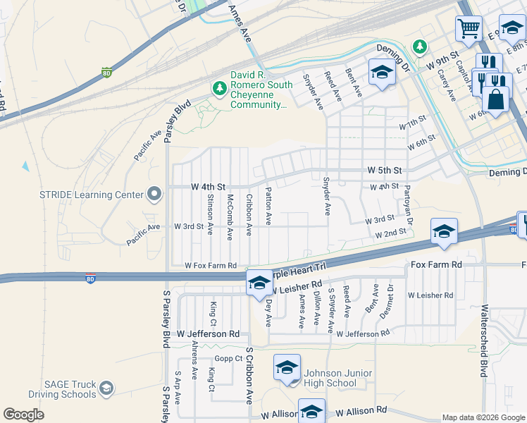 map of restaurants, bars, coffee shops, grocery stores, and more near 354 Patton Avenue in Cheyenne