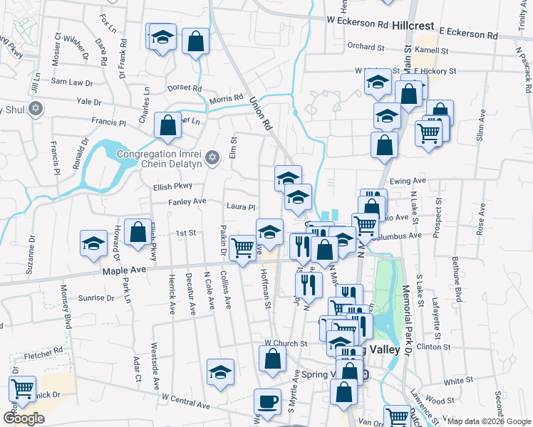 map of restaurants, bars, coffee shops, grocery stores, and more near 15 Laura Place in Spring Valley