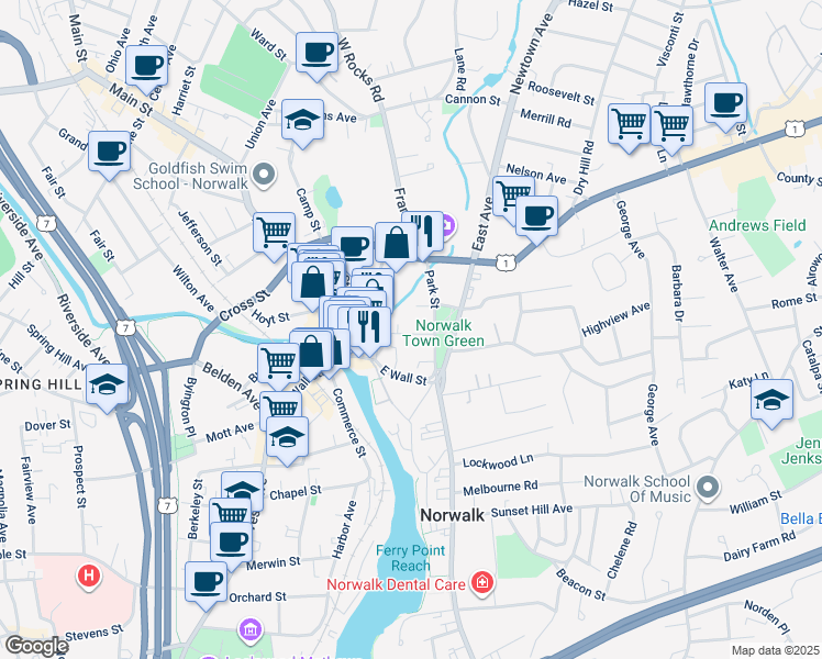 map of restaurants, bars, coffee shops, grocery stores, and more near in Norwalk