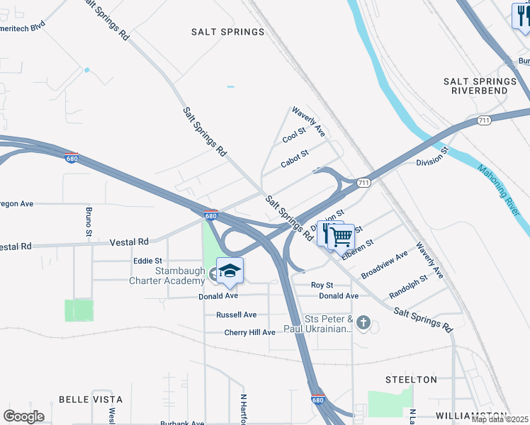 map of restaurants, bars, coffee shops, grocery stores, and more near 1614 Salt Springs Road in Youngstown