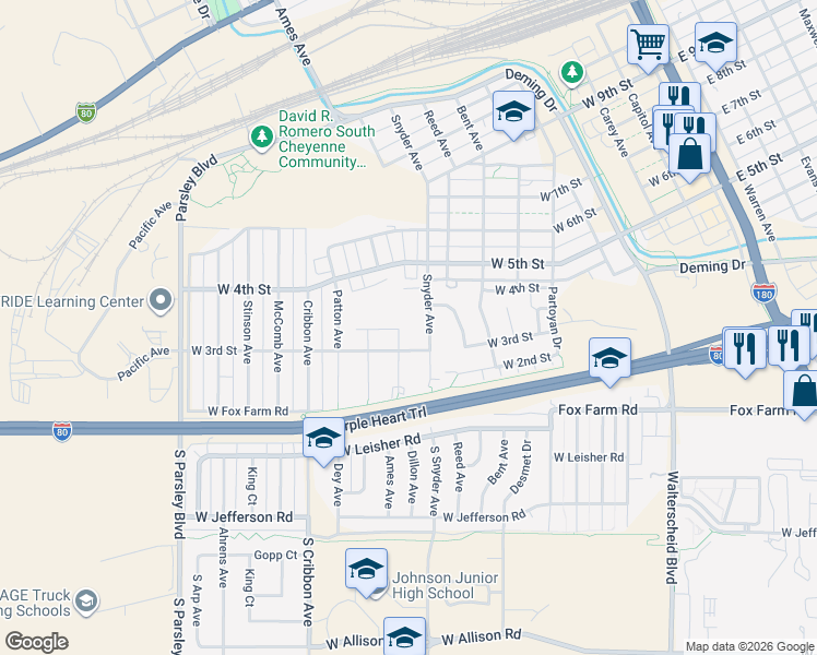 map of restaurants, bars, coffee shops, grocery stores, and more near 335 Abby Road in Cheyenne