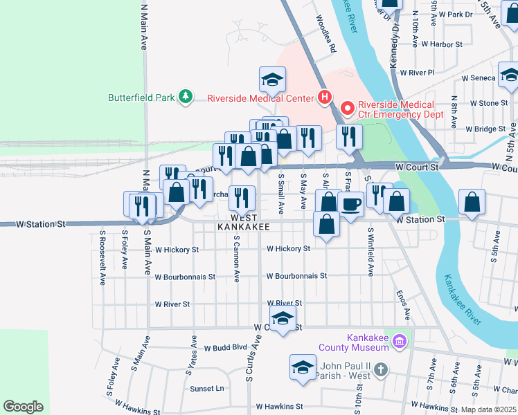 map of restaurants, bars, coffee shops, grocery stores, and more near 220 South Curtis Avenue in Kankakee