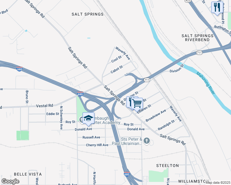 map of restaurants, bars, coffee shops, grocery stores, and more near 398 Argo Street in Youngstown