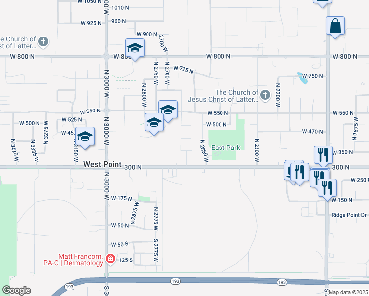 map of restaurants, bars, coffee shops, grocery stores, and more near 3232 West 375 North in West Point