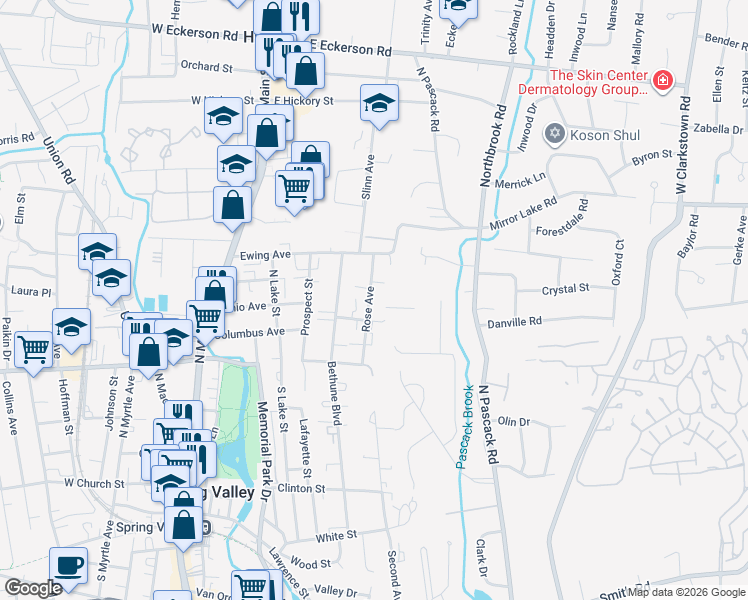 map of restaurants, bars, coffee shops, grocery stores, and more near 19 Rose Avenue in Spring Valley