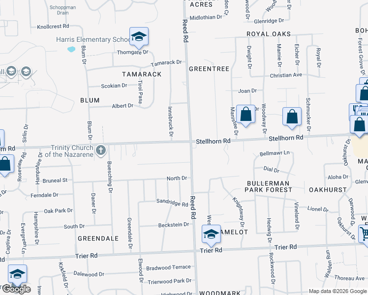 map of restaurants, bars, coffee shops, grocery stores, and more near 4732 Stellhorn Road in Fort Wayne