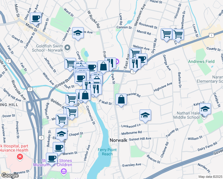 map of restaurants, bars, coffee shops, grocery stores, and more near 7 Park Street in Norwalk