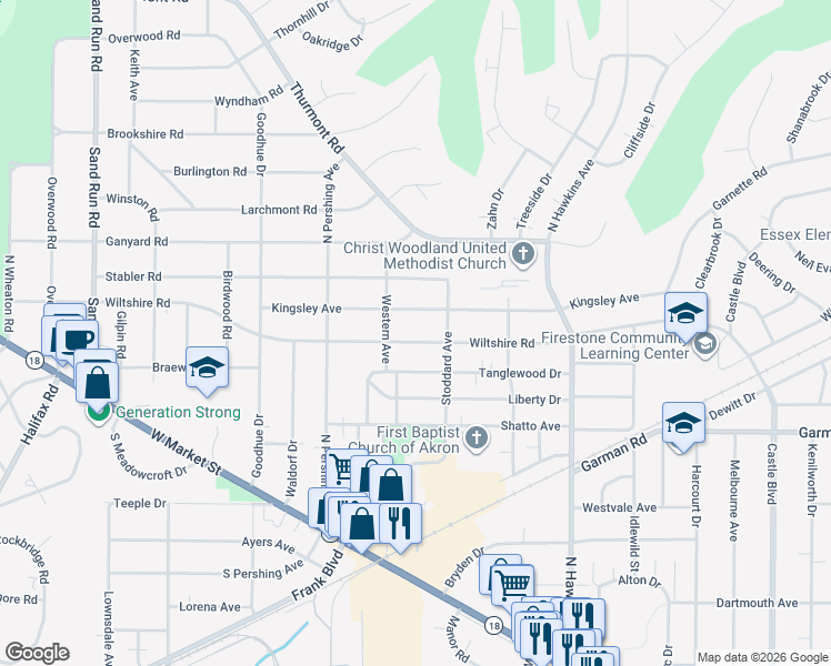 map of restaurants, bars, coffee shops, grocery stores, and more near 1699 Wiltshire Road in Akron