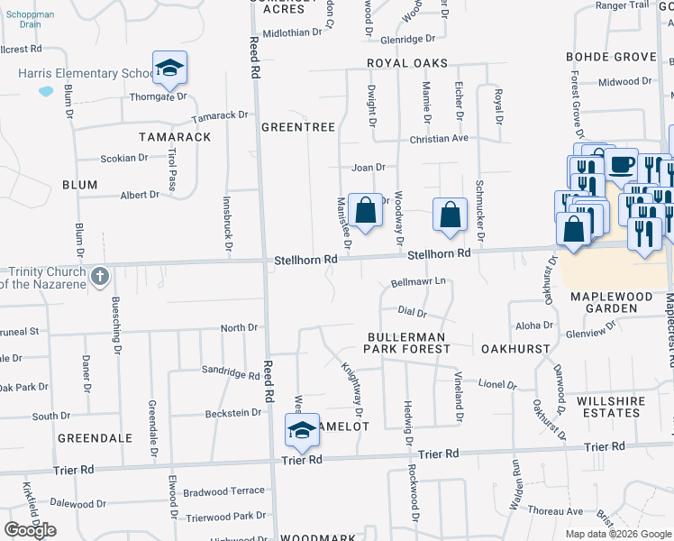 map of restaurants, bars, coffee shops, grocery stores, and more near 5048 Stellhorn Road in Fort Wayne