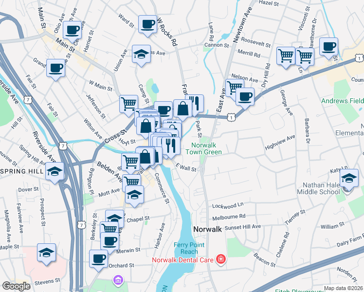 map of restaurants, bars, coffee shops, grocery stores, and more near 8 Lewis Street in Norwalk
