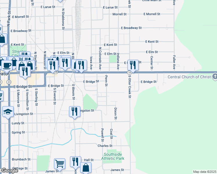 map of restaurants, bars, coffee shops, grocery stores, and more near 209 Penn Street in Streator