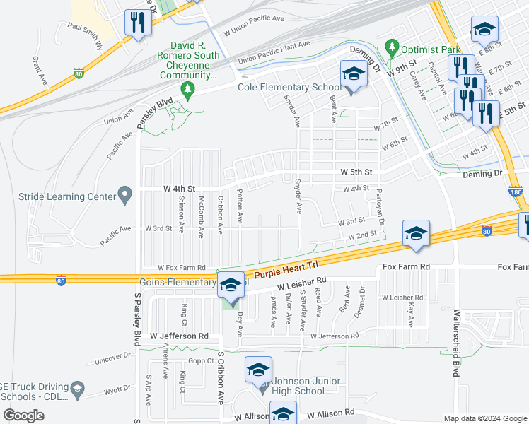 map of restaurants, bars, coffee shops, grocery stores, and more near 330 Hunters Way in Cheyenne
