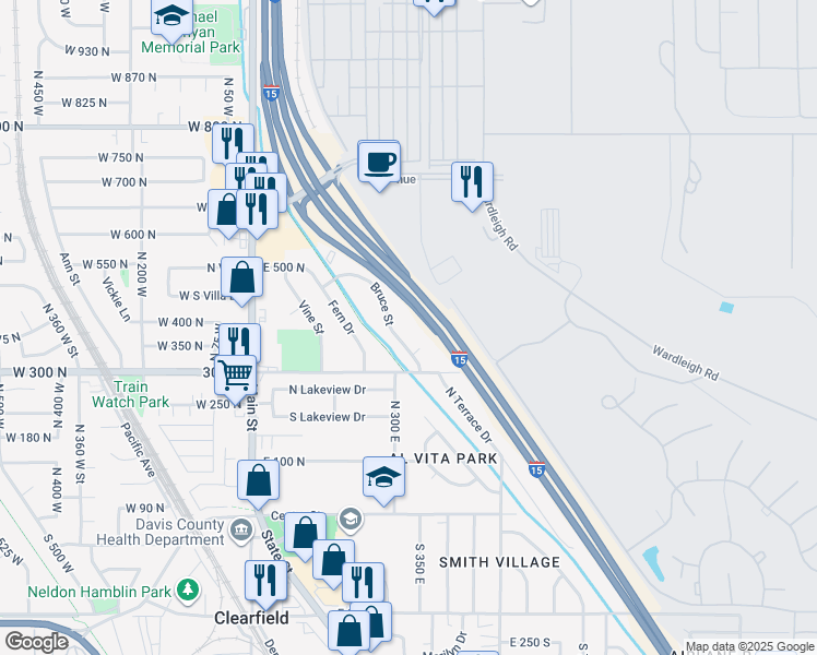 map of restaurants, bars, coffee shops, grocery stores, and more near 400 Bruce Street in Clearfield
