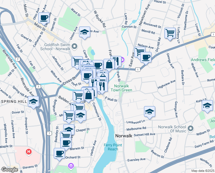 map of restaurants, bars, coffee shops, grocery stores, and more near in Norwalk