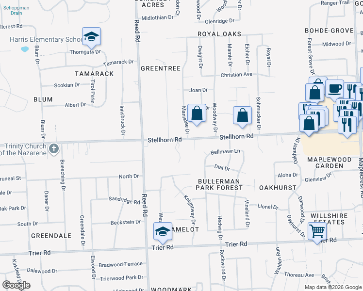 map of restaurants, bars, coffee shops, grocery stores, and more near 5048 Stellhorn Road in Fort Wayne