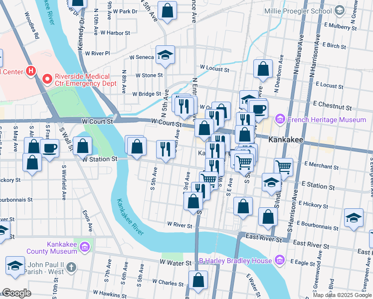 map of restaurants, bars, coffee shops, grocery stores, and more near 338 West Merchant Street in Kankakee