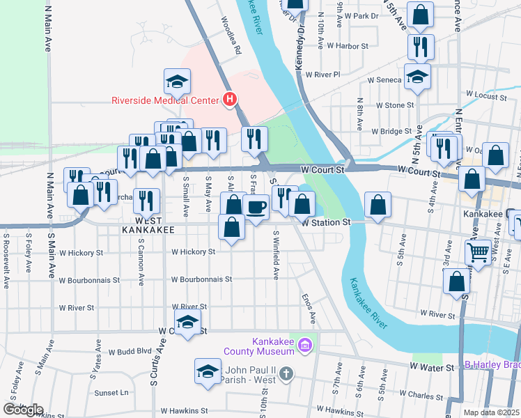 map of restaurants, bars, coffee shops, grocery stores, and more near 1130 West Merchant Street in Kankakee