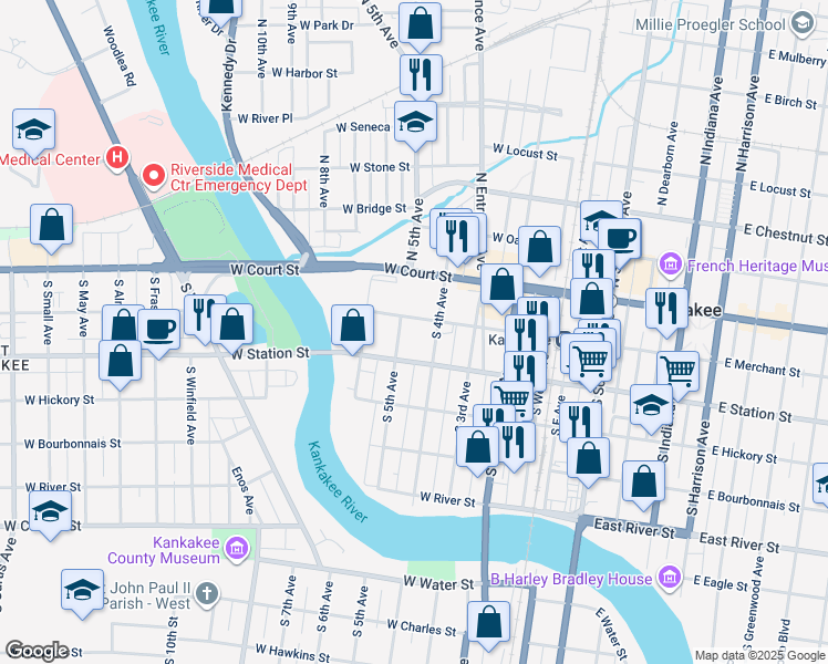 map of restaurants, bars, coffee shops, grocery stores, and more near 486 West Merchant Street in Kankakee