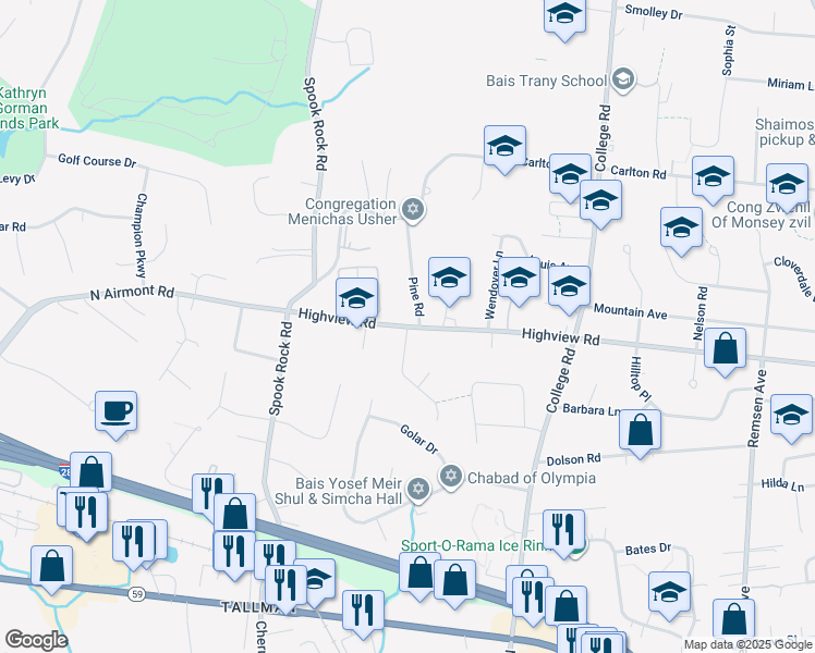 map of restaurants, bars, coffee shops, grocery stores, and more near 91 Highview Road in Suffern