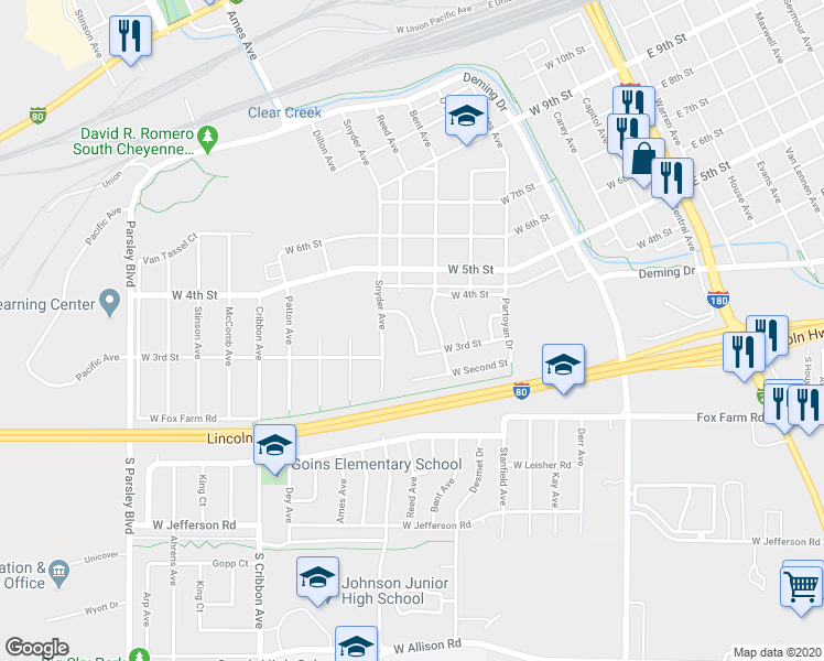 map of restaurants, bars, coffee shops, grocery stores, and more near 332 Maddies Way in Cheyenne