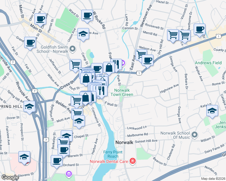 map of restaurants, bars, coffee shops, grocery stores, and more near 8 Lewis Street in Norwalk
